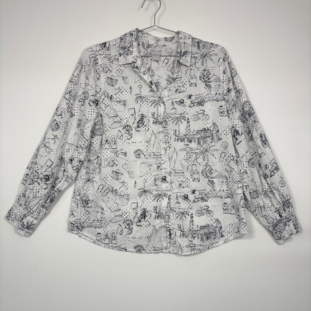 Chicos Women Button Down Sz 2 (12/14) White Vacation Toile Eyelet Cotton Shirt